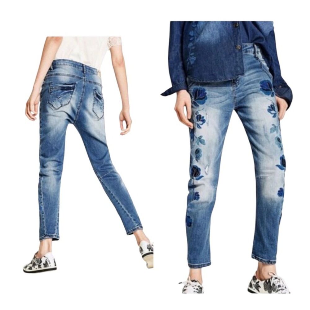 Desigual Exotic Floral Painted Straight Leg Distressed Crop Jeans  Size 30